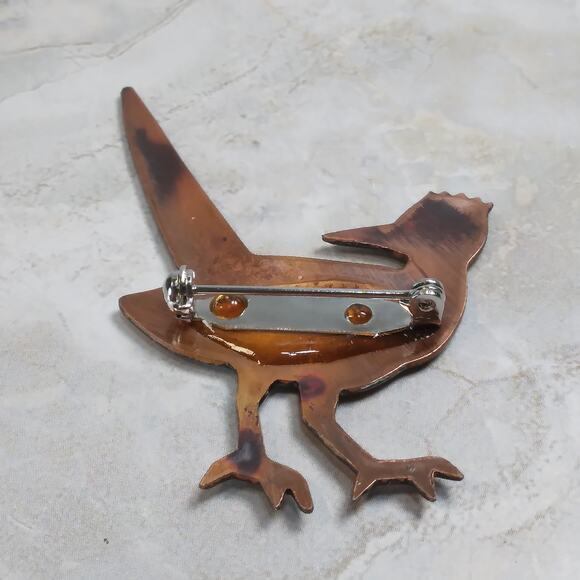 Enamel on Copper Bird Pin, Roadrunner Enameled Brooch, Unisex Lapel Pin 2.5" - Picture 6 of 8